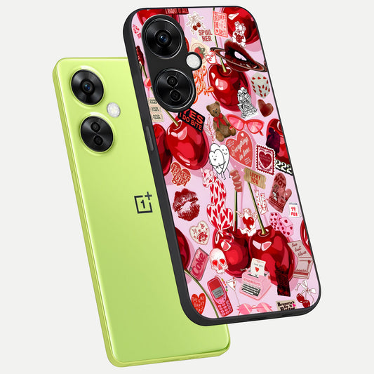  Sweet Cherry Chaos phone case For Oneplus Nord CE3 Lite showing premium glass back cover with detailed artwork