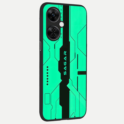  Aqua Tech CYBERPUNK Custom Name back cover For Oneplus Nord CE3 Lite slim fit glass case with vibrant aesthetic design