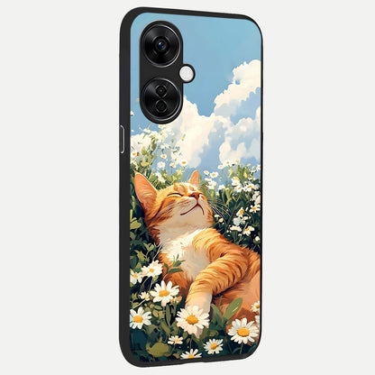  Cat And Flowers View back cover For Oneplus Nord CE3 Lite slim fit glass case with vibrant aesthetic design