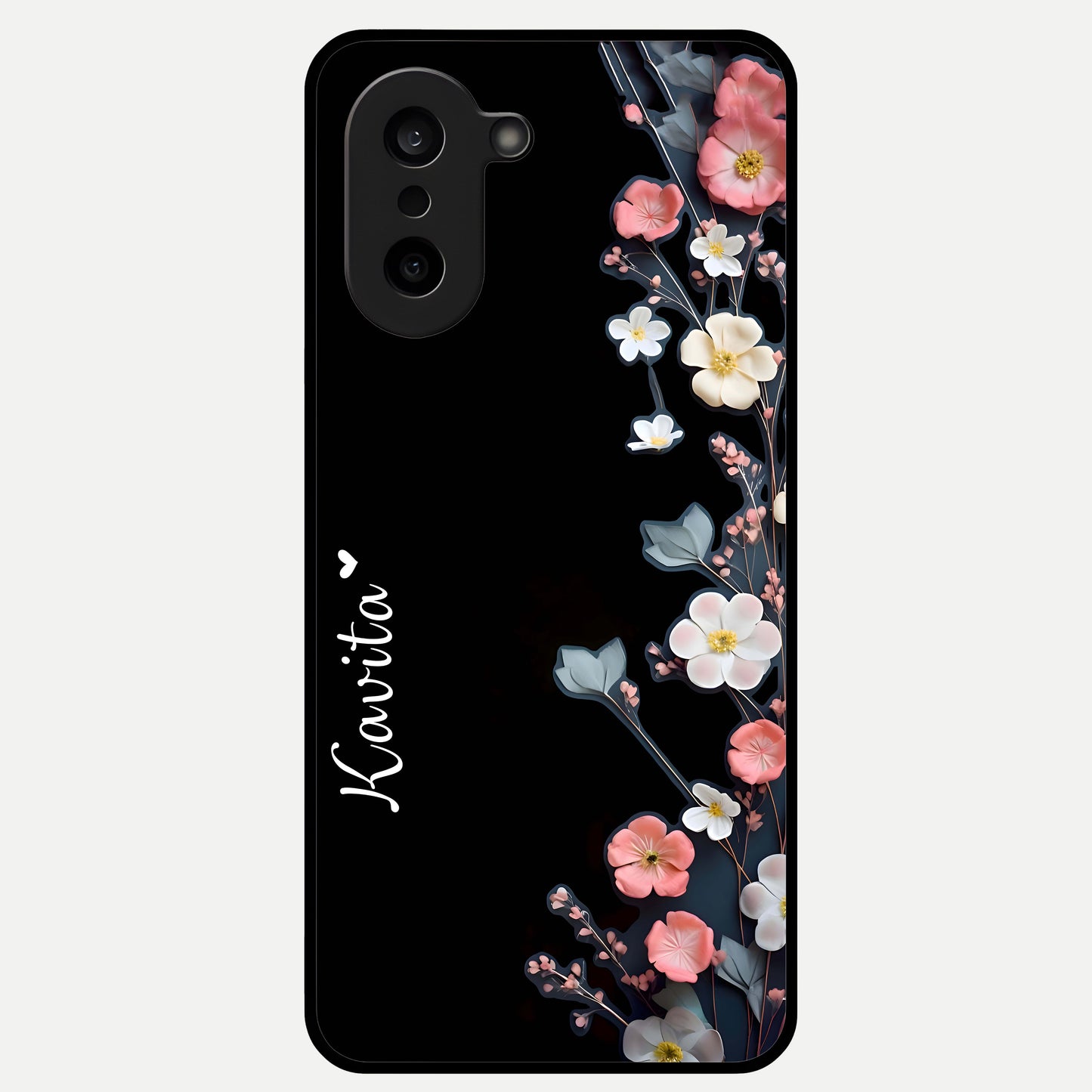  Black Elegance Floral Custom Name Glass Case For Oneplus Nord CE5 back cover – full design glossy printed glass finish