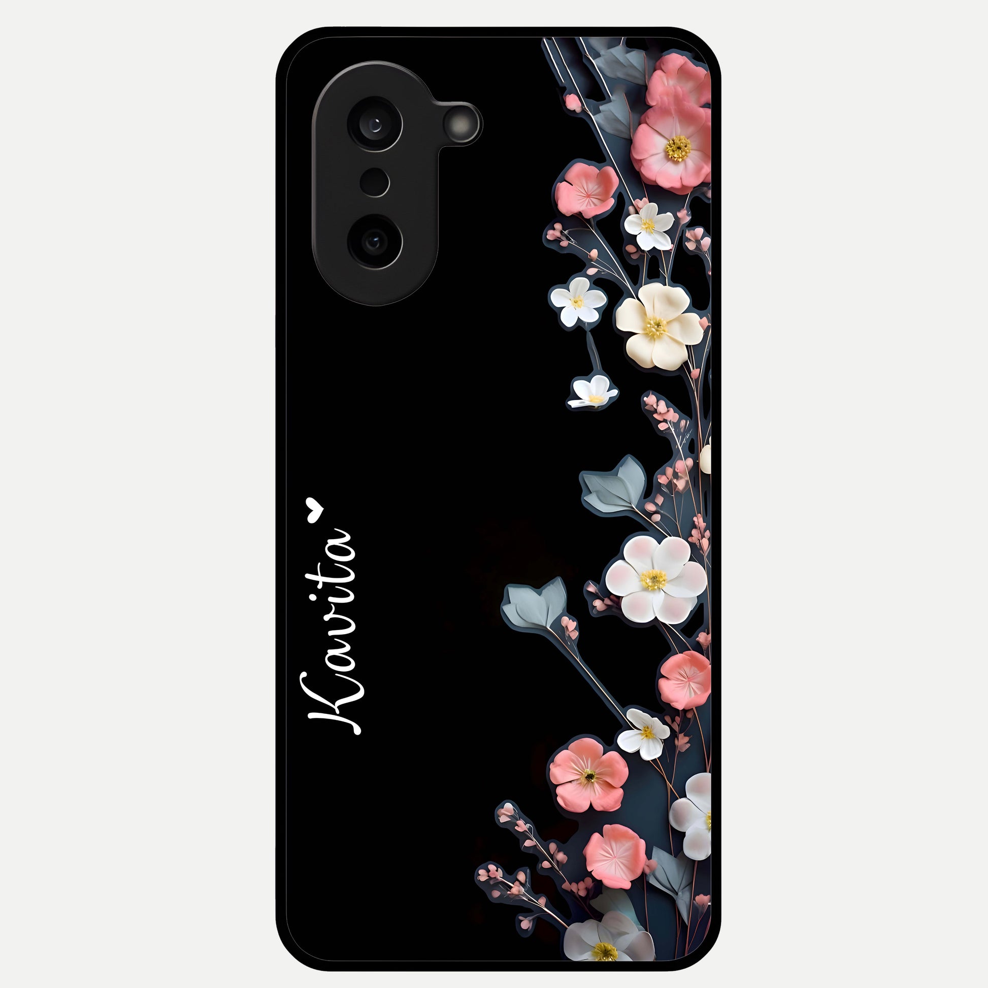  Black Elegance Floral Custom Name Glass Case For Oneplus Nord CE5 back cover – full design glossy printed glass finish