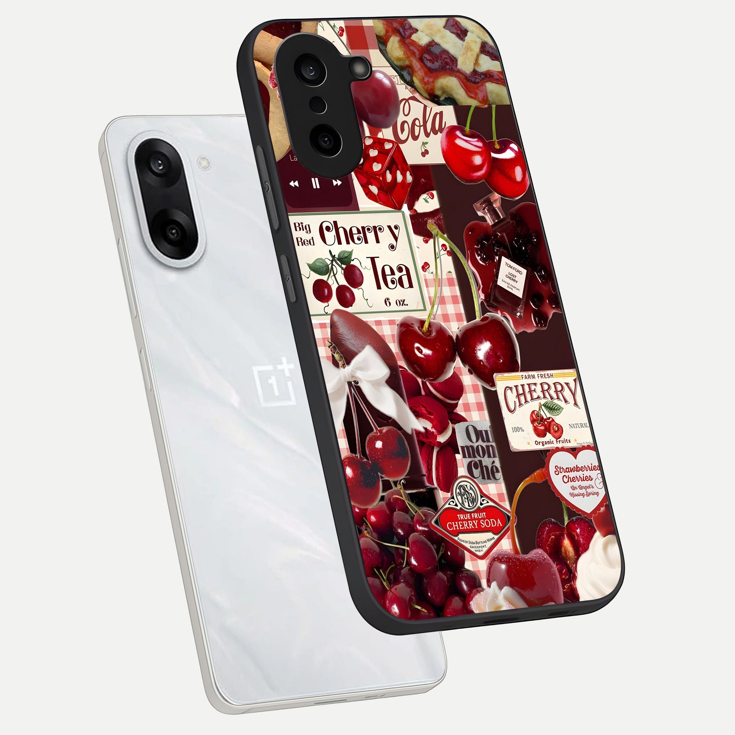  Aesthetic Cherry Tea phone case For Oneplus Nord CE5 showing premium glass back cover with detailed artwork