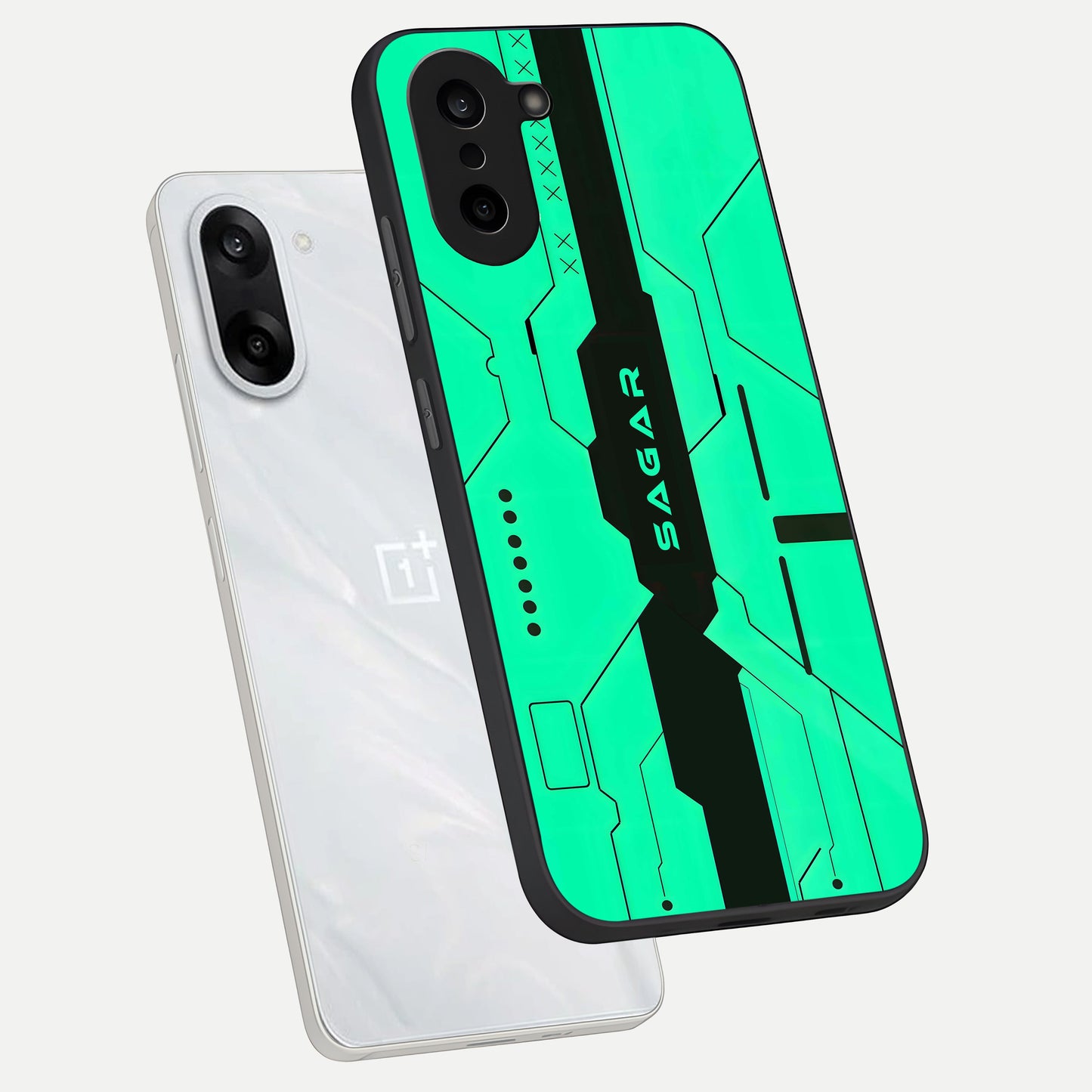  Aqua Tech CYBERPUNK Custom Name phone case For Oneplus Nord CE5 showing premium glass back cover with detailed artwork