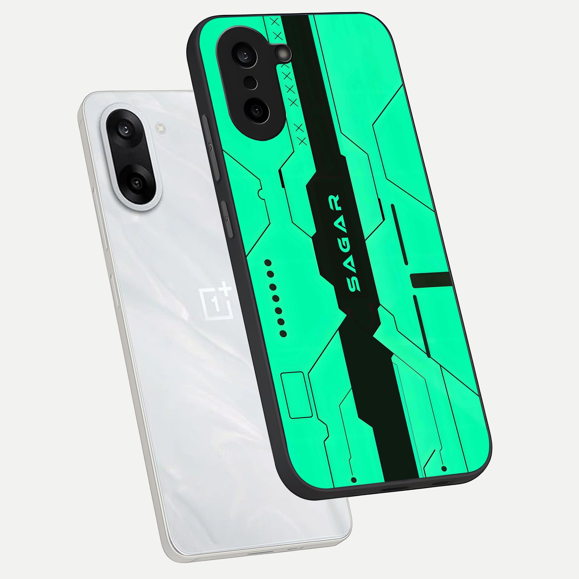  Aqua Tech CYBERPUNK Custom Name phone case For Oneplus Nord CE5 showing premium glass back cover with detailed artwork
