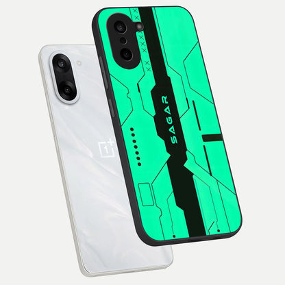  Aqua Tech CYBERPUNK Custom Name phone case For Oneplus Nord CE5 showing premium glass back cover with detailed artwork