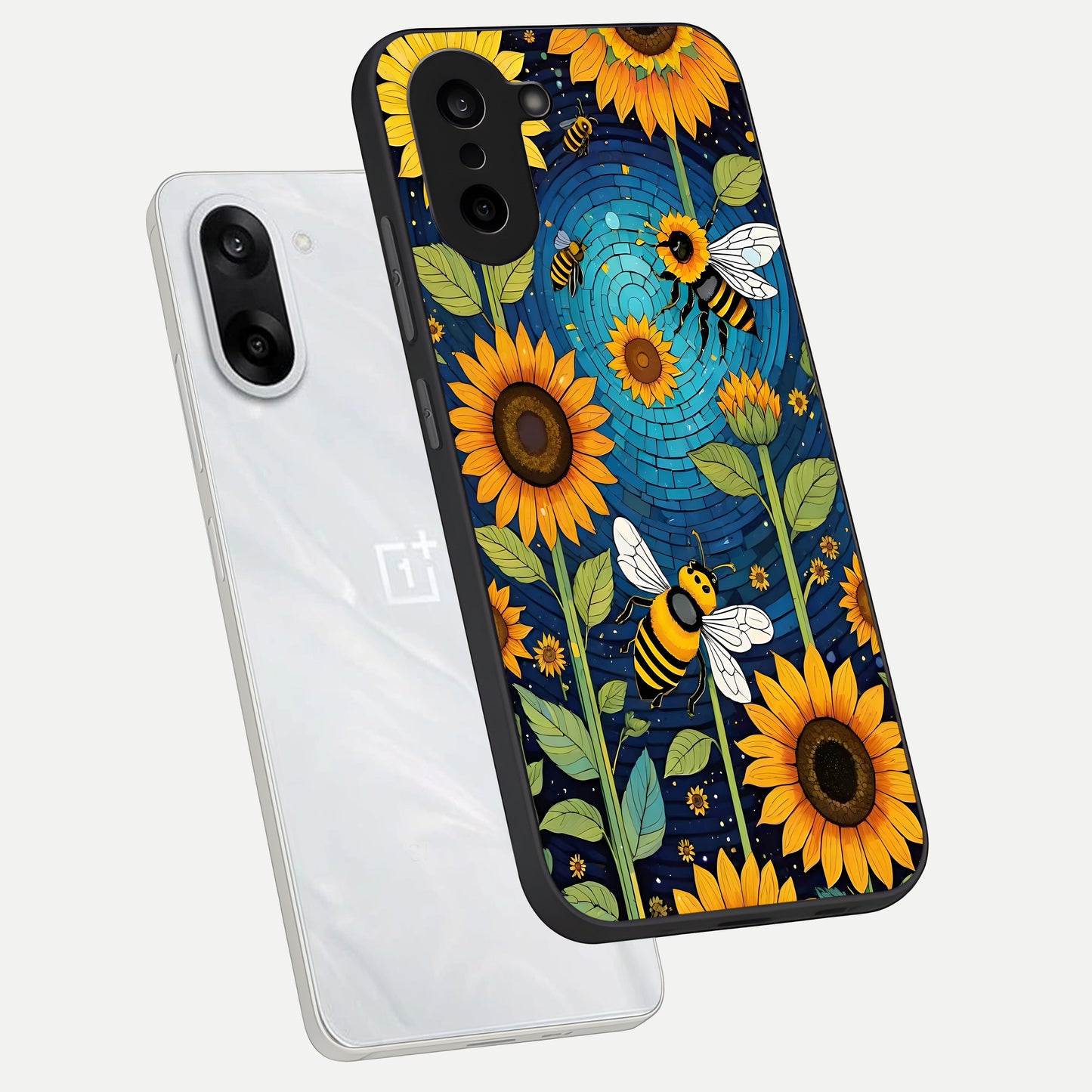  Bees And Sunflowers phone case For Oneplus Nord CE5 showing premium glass back cover with detailed artwork