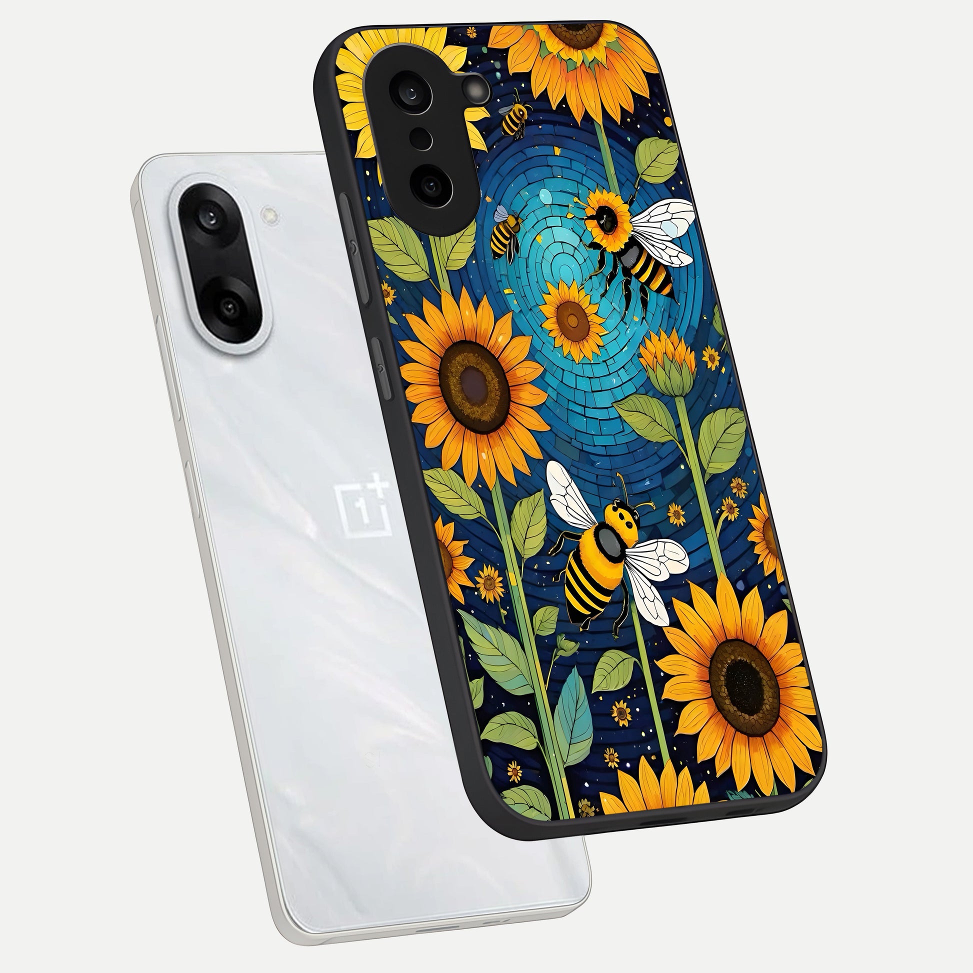  Bees And Sunflowers phone case For Oneplus Nord CE5 showing premium glass back cover with detailed artwork