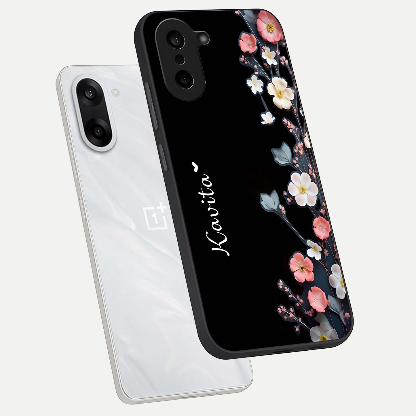  Black Elegance Floral Custom Name phone case For Oneplus Nord CE5 showing premium glass back cover with detailed artwork