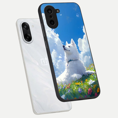  Blissful Cloud Pup phone case For Oneplus Nord CE5 showing premium glass back cover with detailed artwork