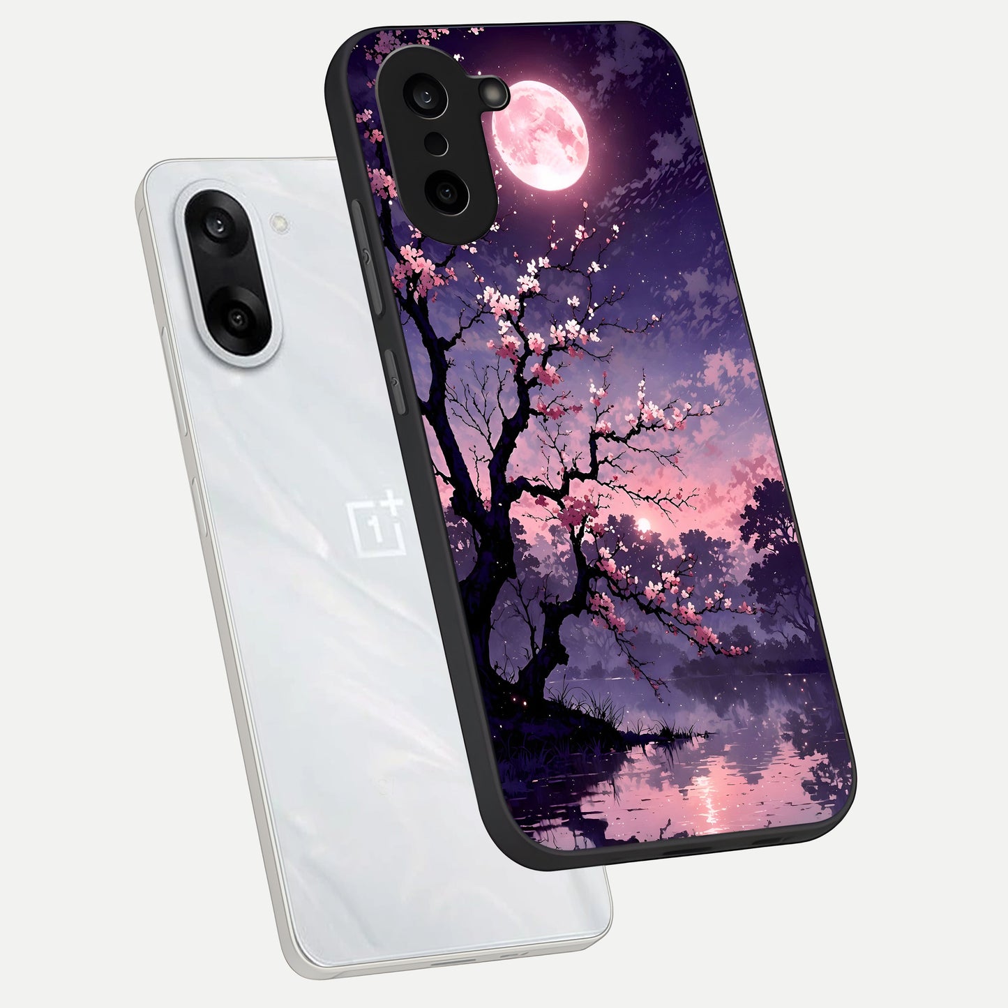  Blossom Pink Moon phone case For Oneplus Nord CE5 showing premium glass back cover with detailed artwork