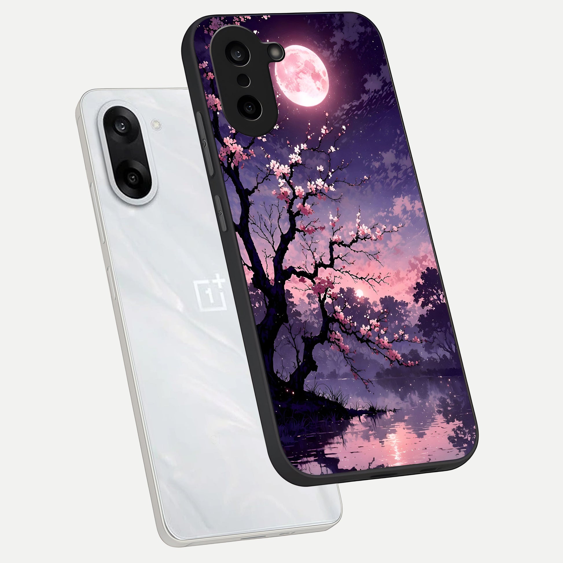  Blossom Pink Moon phone case For Oneplus Nord CE5 showing premium glass back cover with detailed artwork