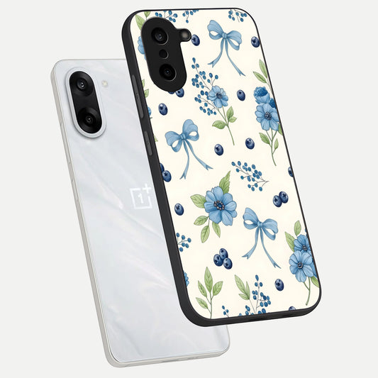  Blue Flower And Bow phone case For Oneplus Nord CE5 showing premium glass back cover with detailed artwork
