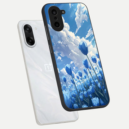  Blue Tulip Clouds phone case For Oneplus Nord CE5 showing premium glass back cover with detailed artwork