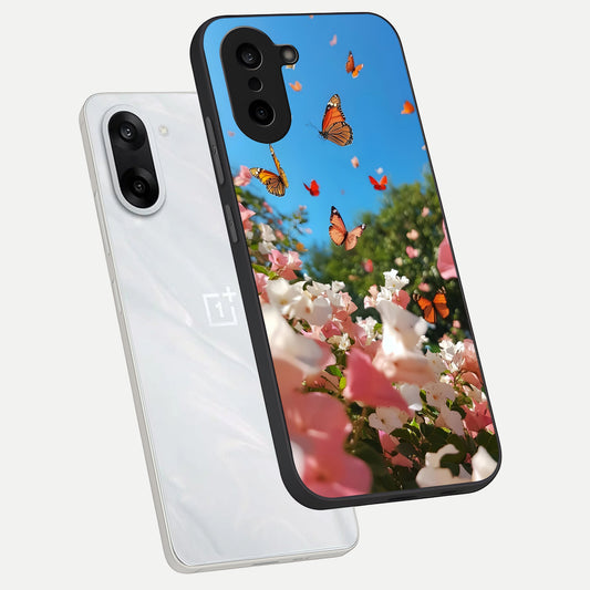  Butterflies In Bloom Sky phone case For Oneplus Nord CE5 showing premium glass back cover with detailed artwork