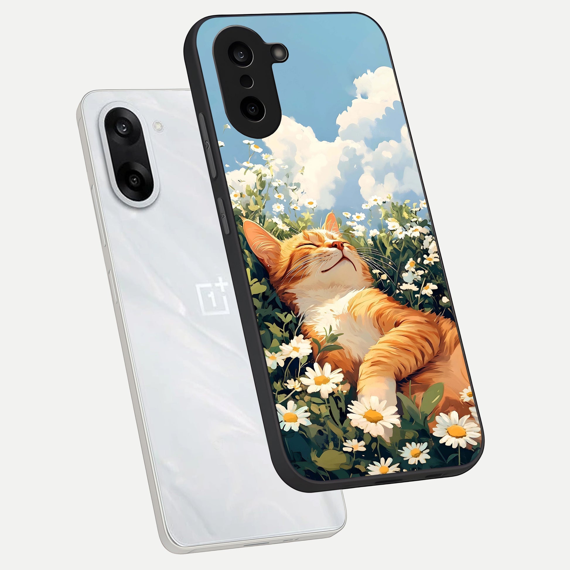  Cat And Flowers View phone case For Oneplus Nord CE5 showing premium glass back cover with detailed artwork