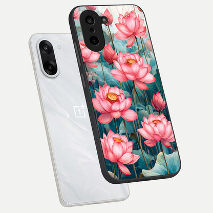  Celestial Pink Lotus phone case For Oneplus Nord CE5 showing premium glass back cover with detailed artwork