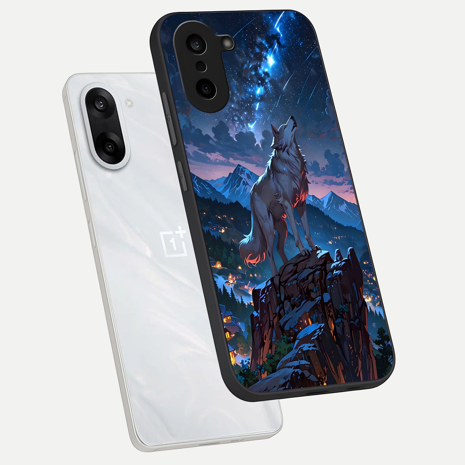  Celestial Wolf Howl phone case For Oneplus Nord CE5 showing premium glass back cover with detailed artwork