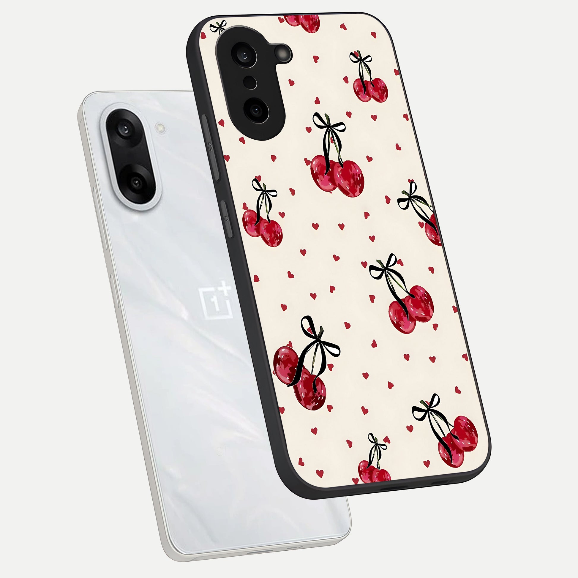  Cherry Heart Bow phone case For Oneplus Nord CE5 showing premium glass back cover with detailed artwork