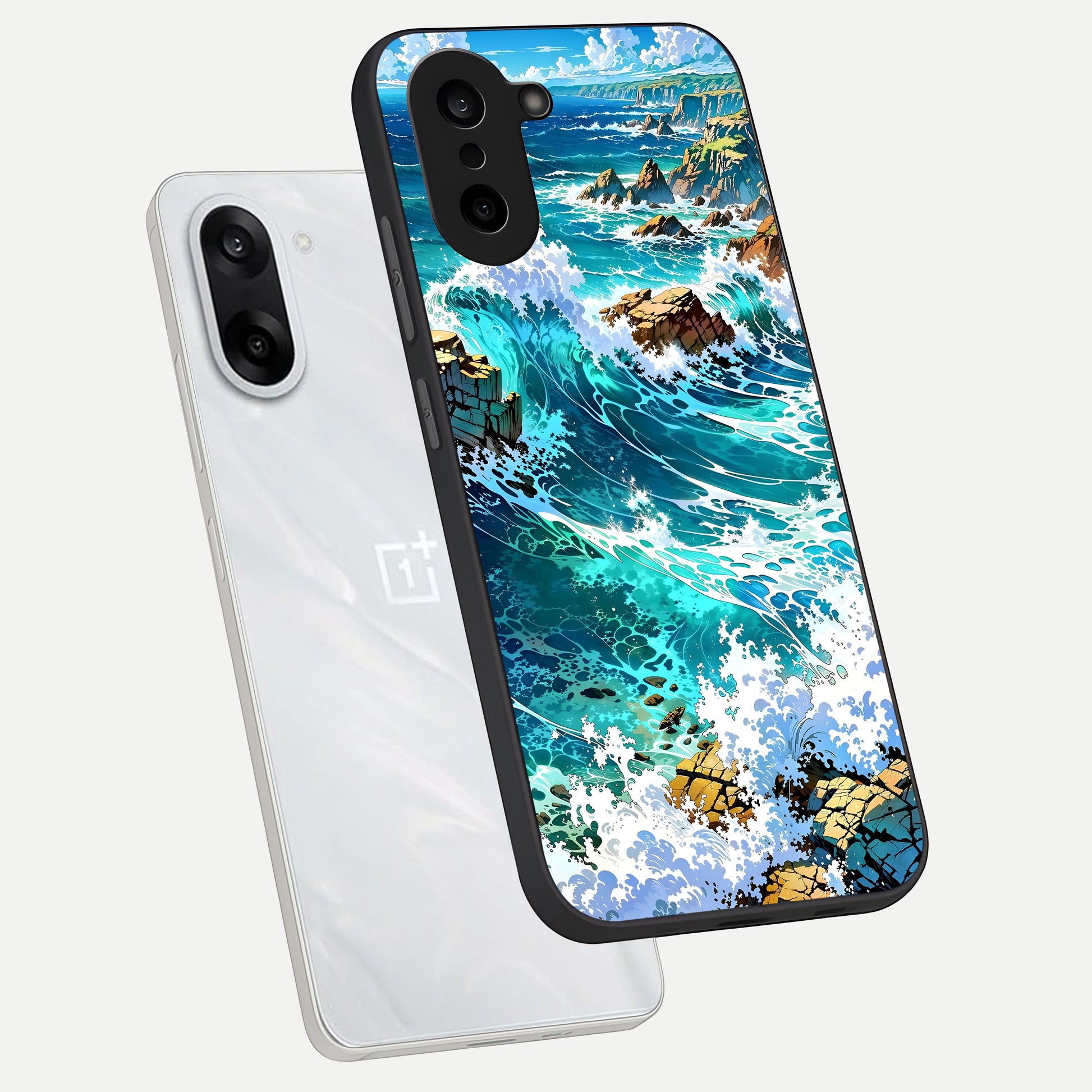  Coastal Blue Waves phone case For Oneplus Nord CE5 showing premium glass back cover with detailed artwork