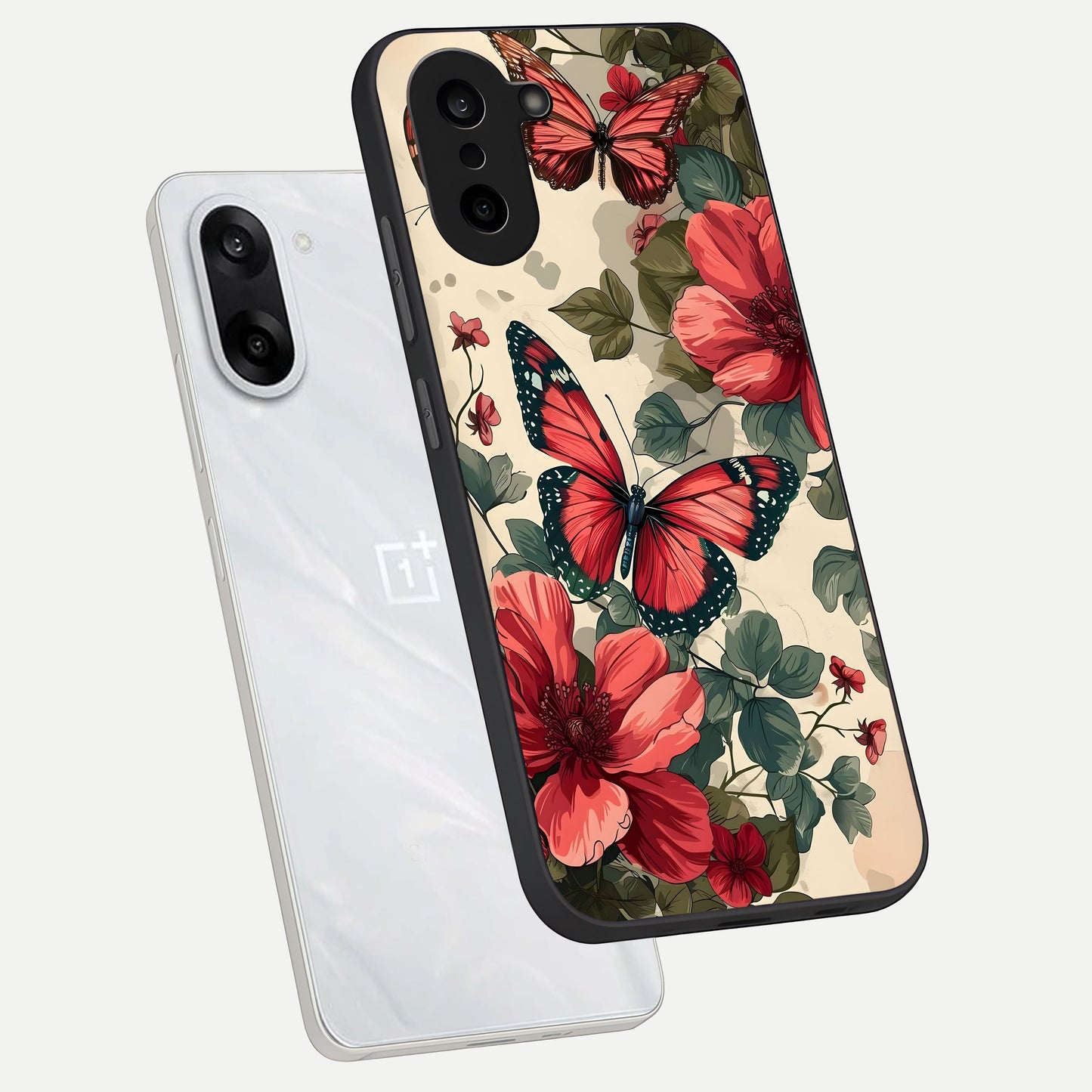  Crimson Butterfly Garden phone case For Oneplus Nord CE5 showing premium glass back cover with detailed artwork