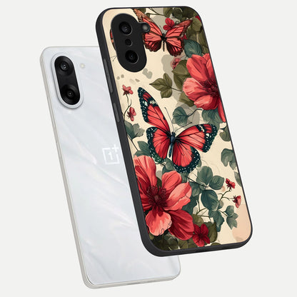  Crimson Butterfly Garden phone case For Oneplus Nord CE5 showing premium glass back cover with detailed artwork