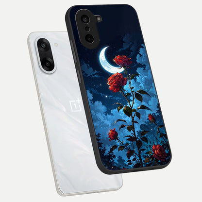  Crimson Rose Moon phone case For Oneplus Nord CE5 showing premium glass back cover with detailed artwork