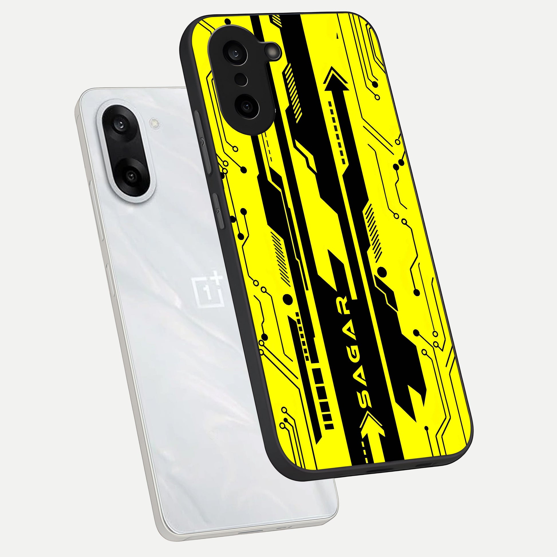  Electric Pulse CYBERPUNK Custom Name phone case For Oneplus Nord CE5 showing premium glass back cover with detailed artwork