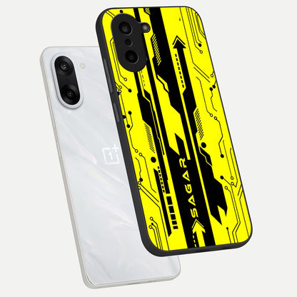  Electric Pulse CYBERPUNK Custom Name phone case For Oneplus Nord CE5 showing premium glass back cover with detailed artwork