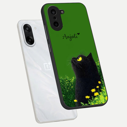  Emerald Cat Custom Name phone case For Oneplus Nord CE5 showing premium glass back cover with detailed artwork
