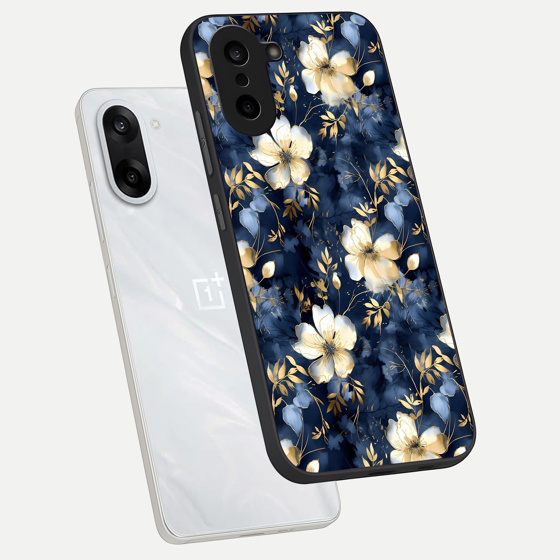  Golden Midnight Bloom phone case For Oneplus Nord CE5 showing premium glass back cover with detailed artwork
