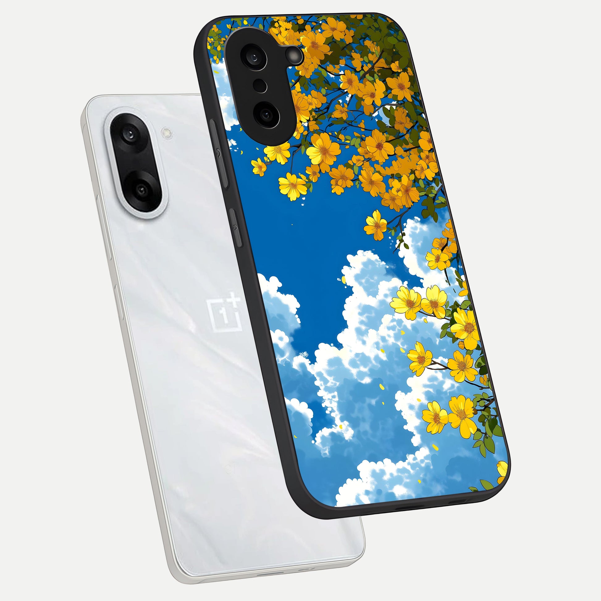  Golden Petal Sky phone case For Oneplus Nord CE5 showing premium glass back cover with detailed artwork