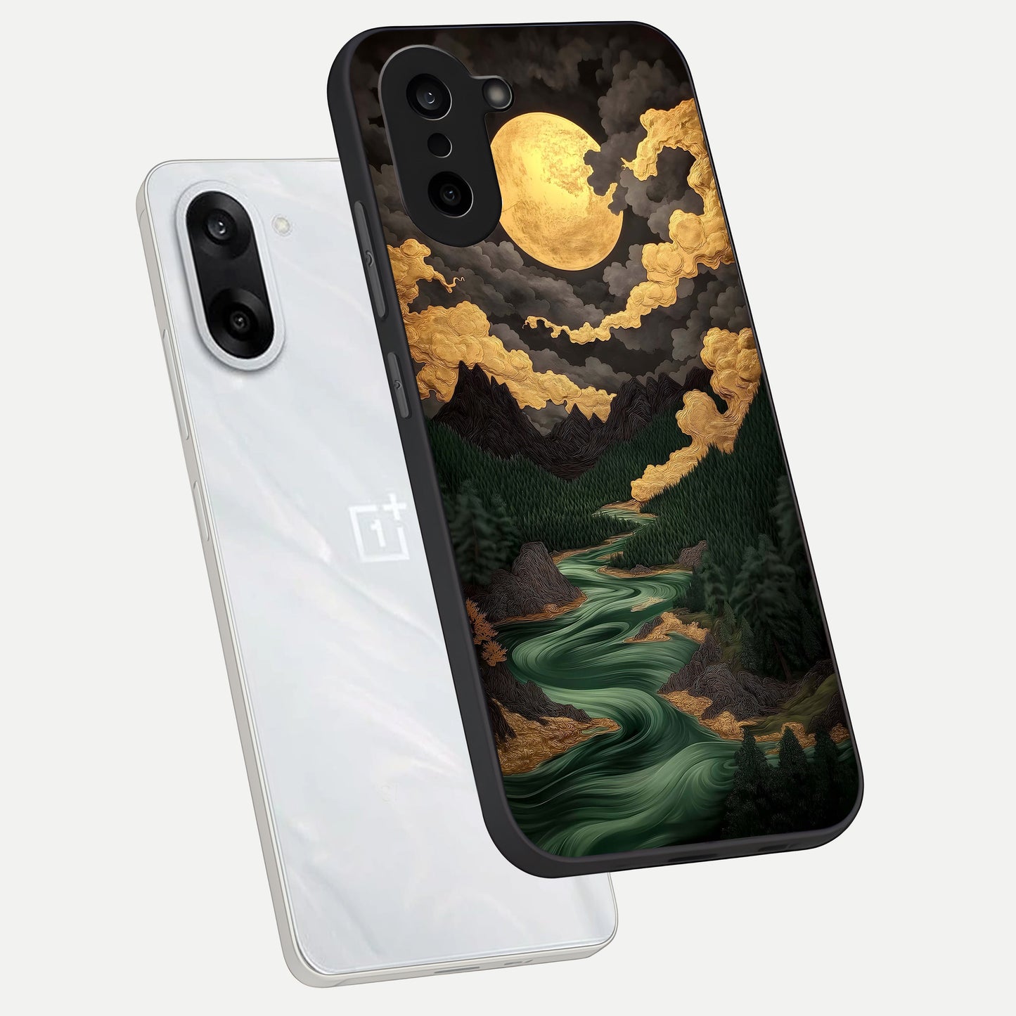 Golden River Moon phone case For Oneplus Nord CE5 showing premium glass back cover with detailed artwork