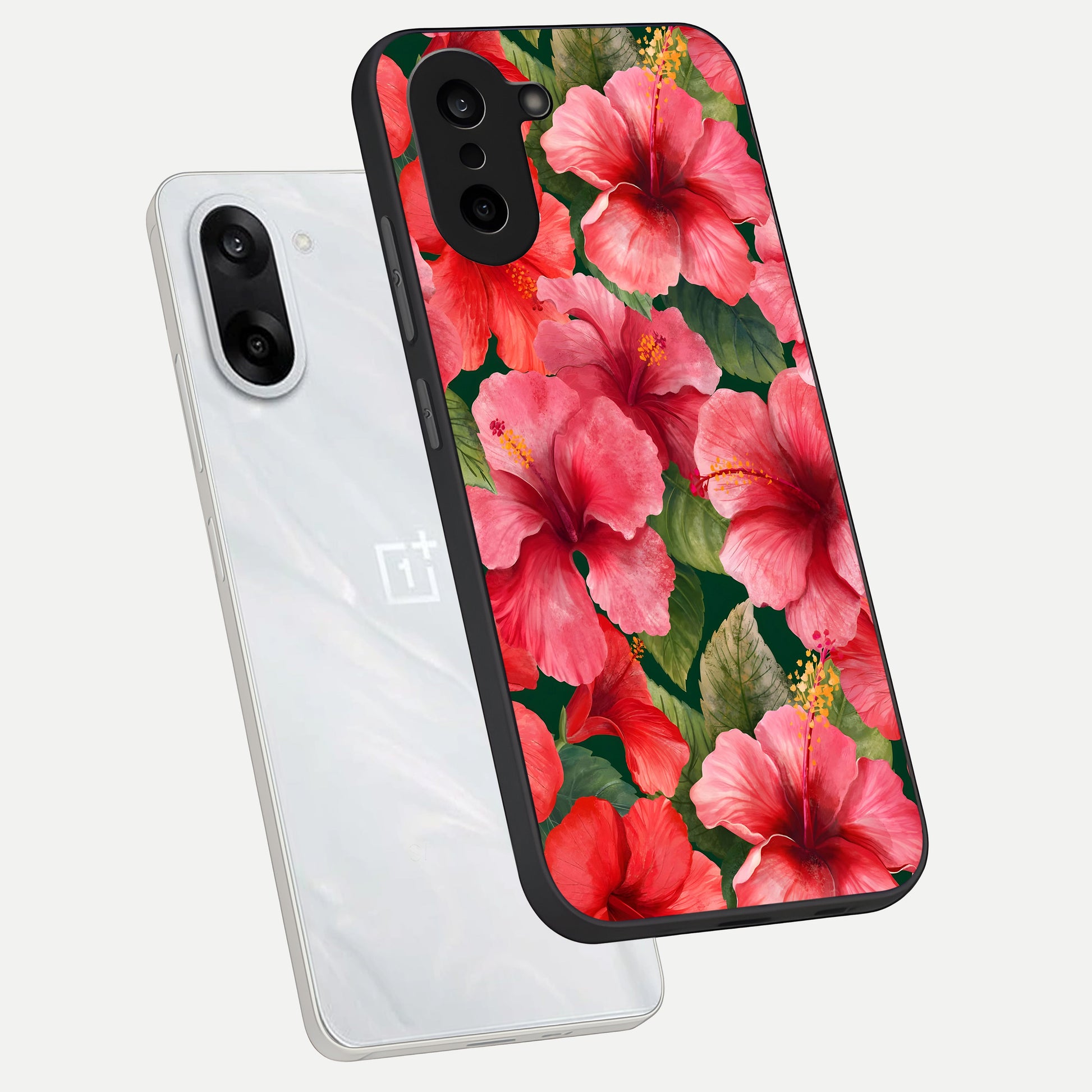  Hibiscus Pattern phone case For Oneplus Nord CE5 showing premium glass back cover with detailed artwork