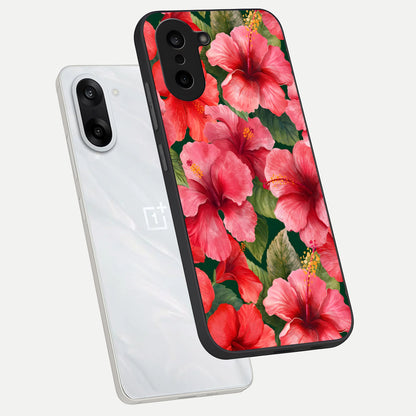  Hibiscus Pattern phone case For Oneplus Nord CE5 showing premium glass back cover with detailed artwork