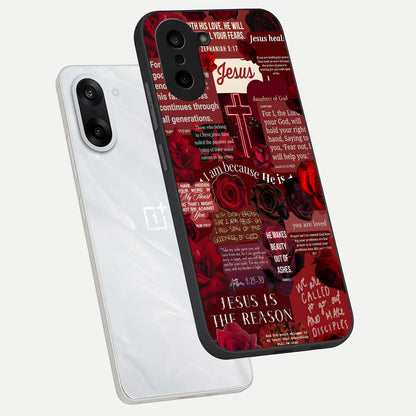  Jesus Love Heals phone case For Oneplus Nord CE5 showing premium glass back cover with detailed artwork