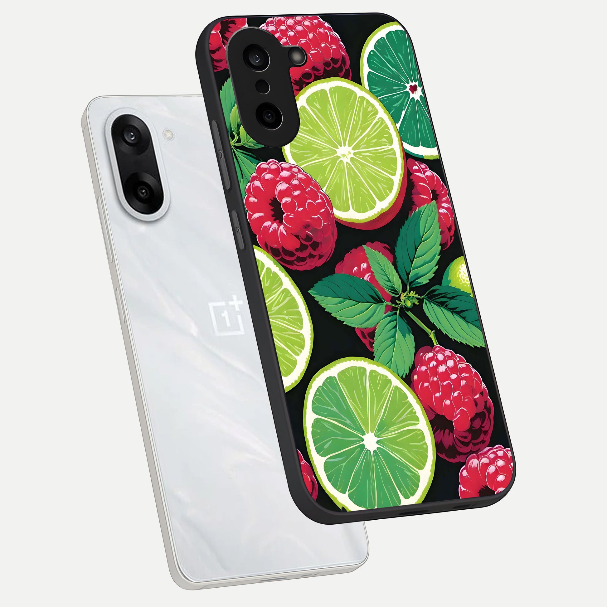  Lime and Raspberry Pattern phone case For Oneplus Nord CE5 showing premium glass back cover with detailed artwork