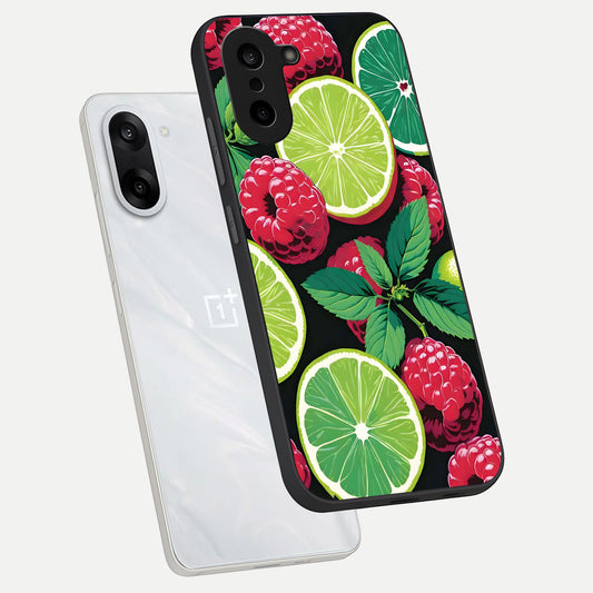  Lime and Raspberry Pattern phone case For Oneplus Nord CE5 showing premium glass back cover with detailed artwork