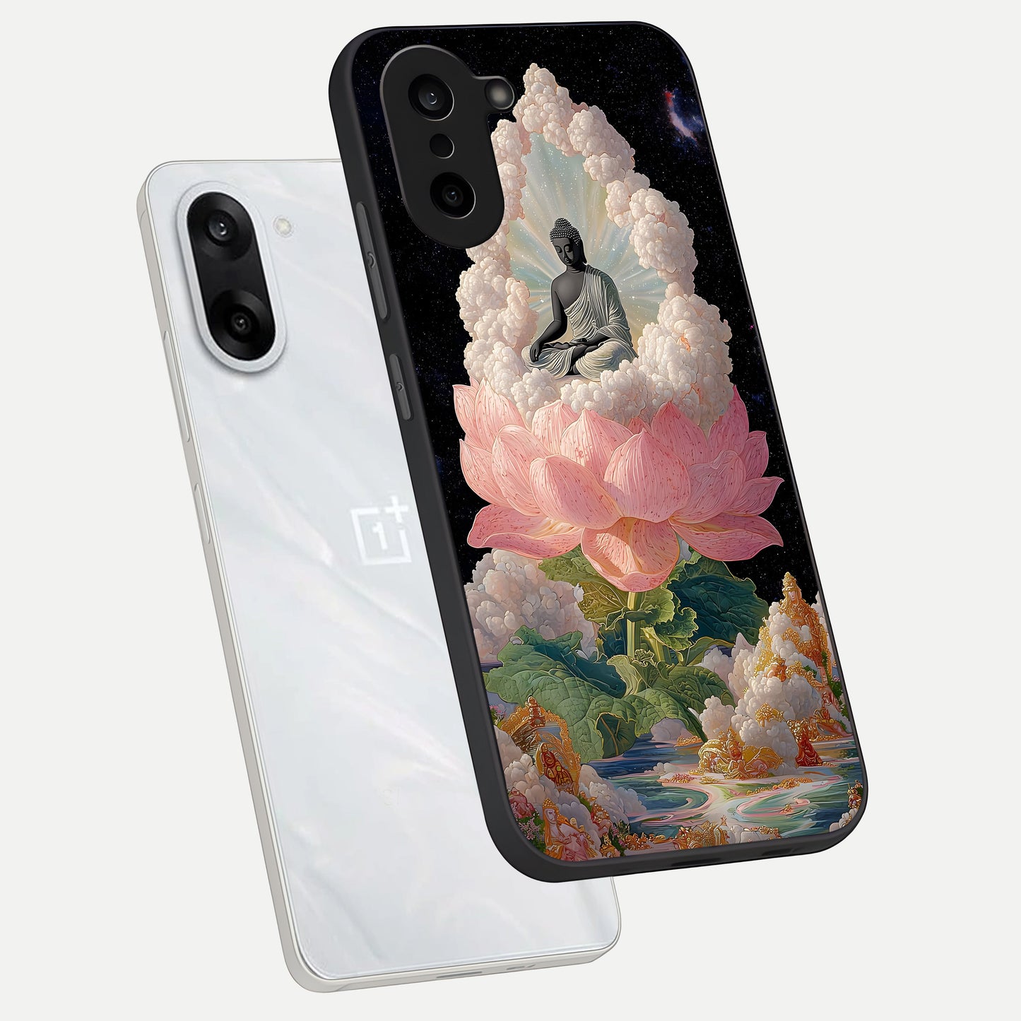  Lotus Divine Peace phone case For Oneplus Nord CE5 showing premium glass back cover with detailed artwork