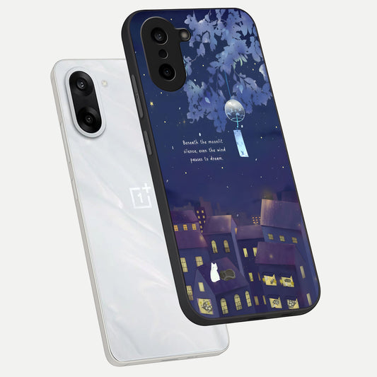  Moonlit Cat Silence phone case For Oneplus Nord CE5 showing premium glass back cover with detailed artwork