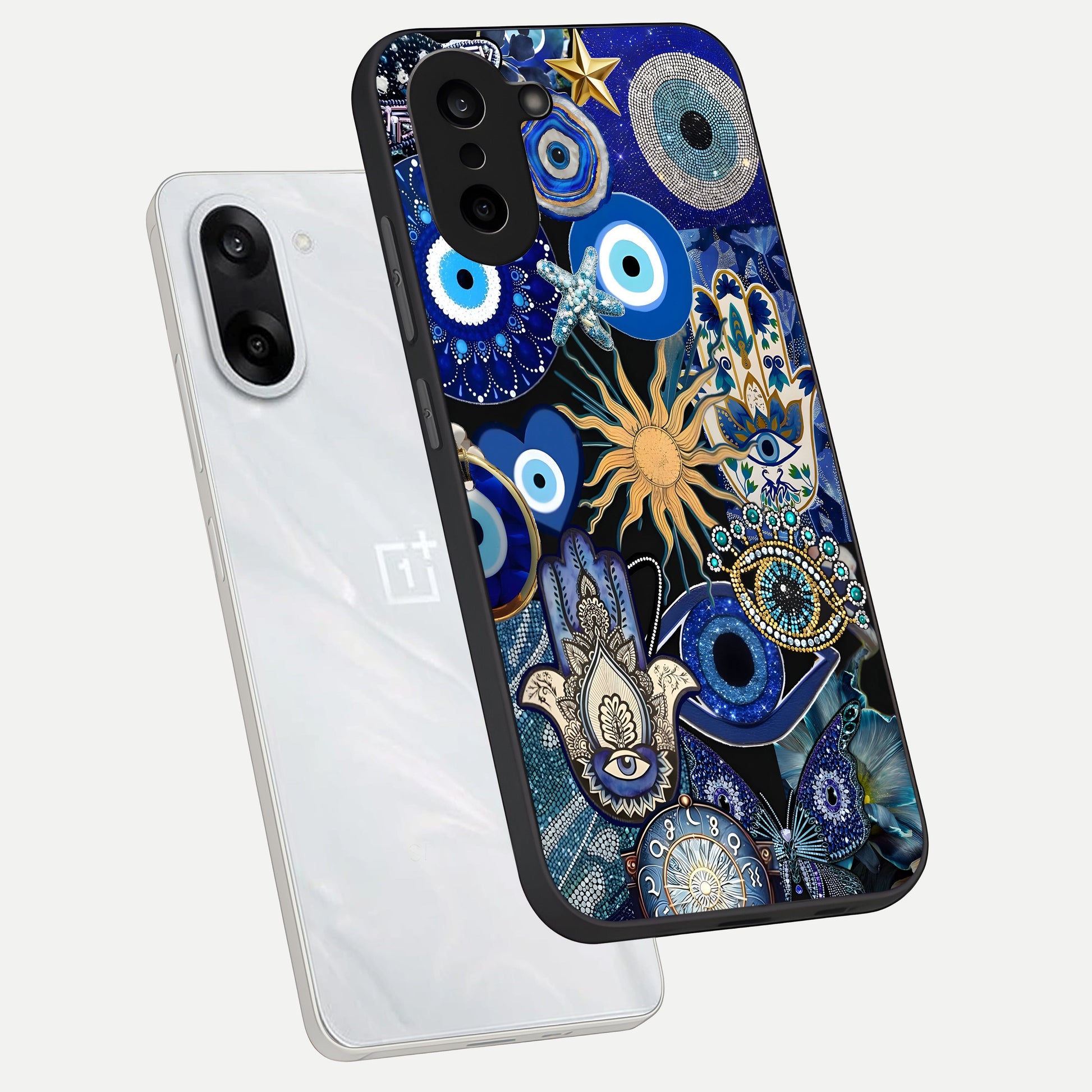 Mystic Blue Evil Eye phone case For Oneplus Nord CE5 showing premium glass back cover with detailed artwork