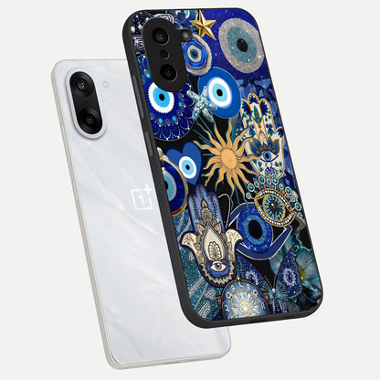  Mystic Blue Evil Eye phone case For Oneplus Nord CE5 showing premium glass back cover with detailed artwork