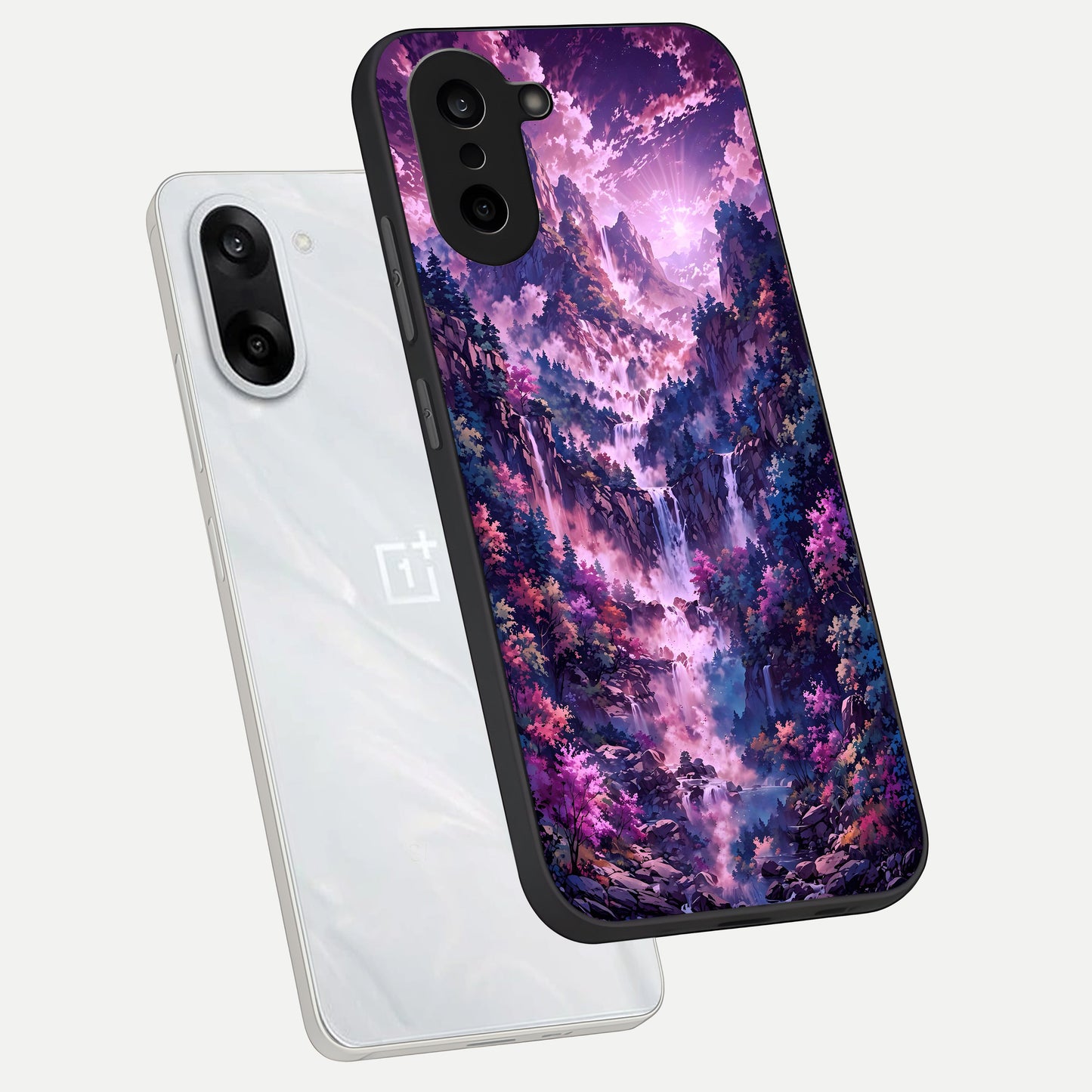 Mystic Cascade Peaks phone case For Oneplus Nord CE5 showing premium glass back cover with detailed artwork
