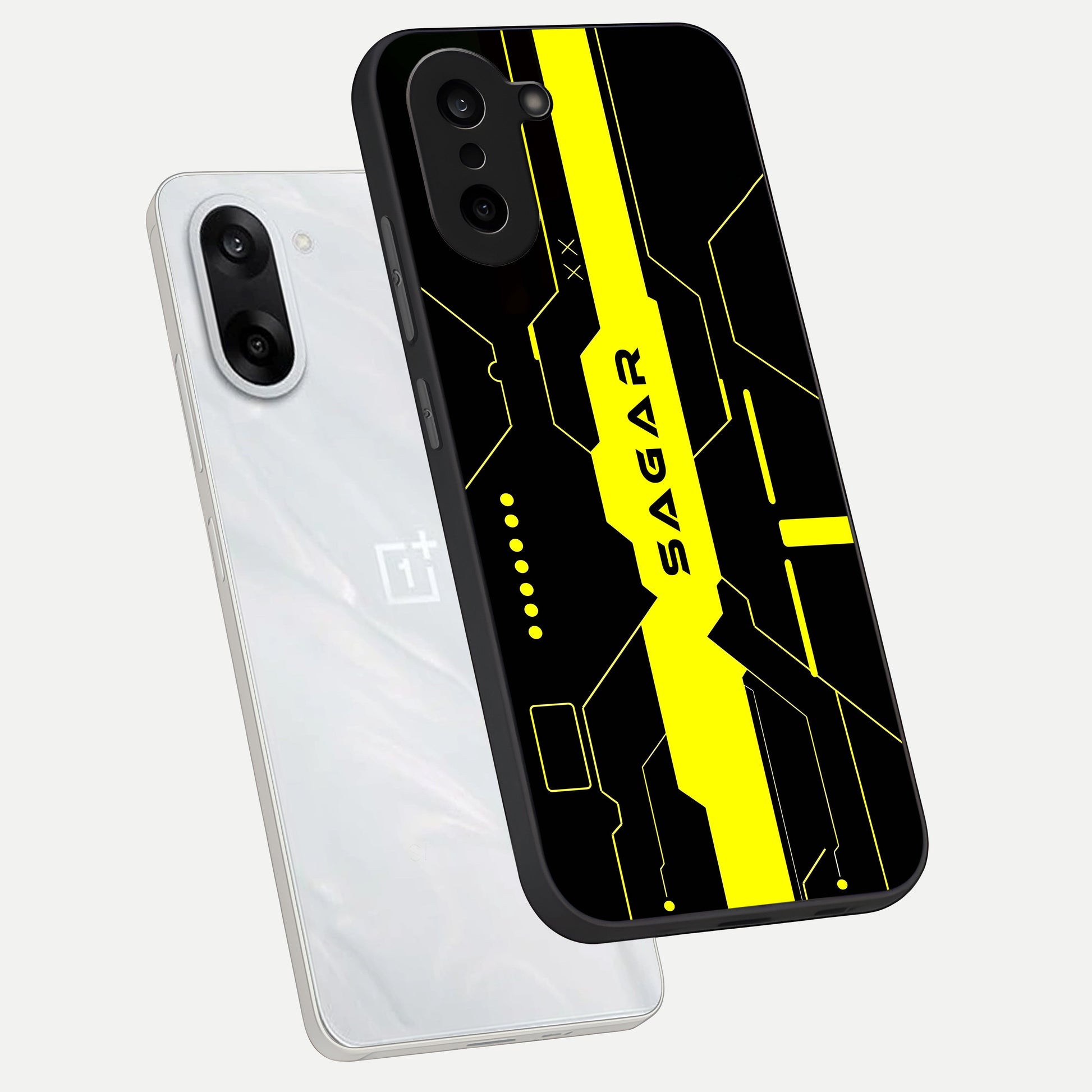  Neon CYBERPUNK Custom Name phone case For Oneplus Nord CE5 showing premium glass back cover with detailed artwork