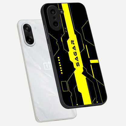  Neon CYBERPUNK Custom Name phone case For Oneplus Nord CE5 showing premium glass back cover with detailed artwork