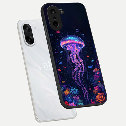  Neon Jellyfish phone case For Oneplus Nord CE5 showing premium glass back cover with detailed artwork
