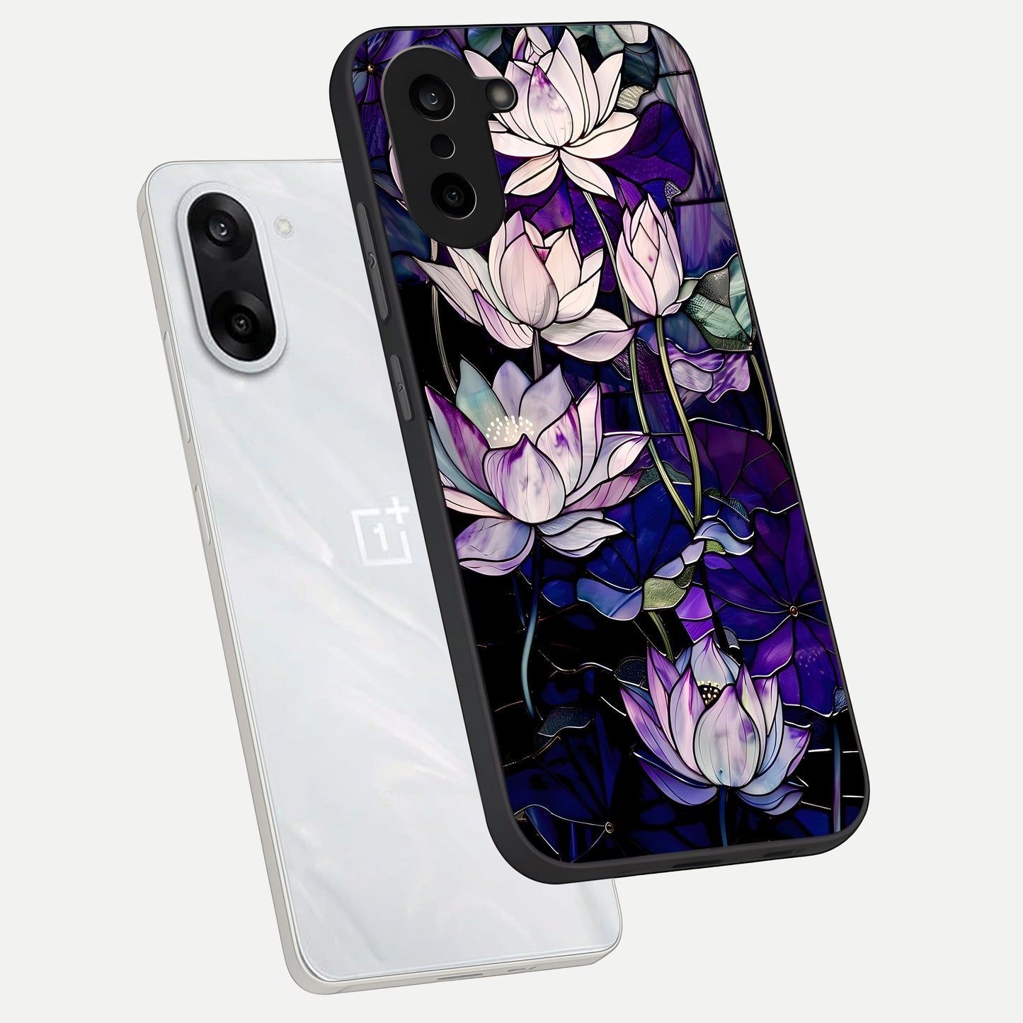  Purple Lotus Pattern phone case For Oneplus Nord CE5 showing premium glass back cover with detailed artwork