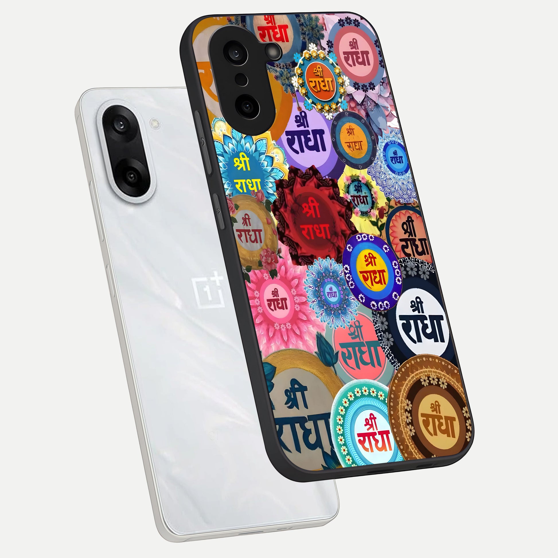  Radha Divine Bloom phone case For Oneplus Nord CE5 showing premium glass back cover with detailed artwork