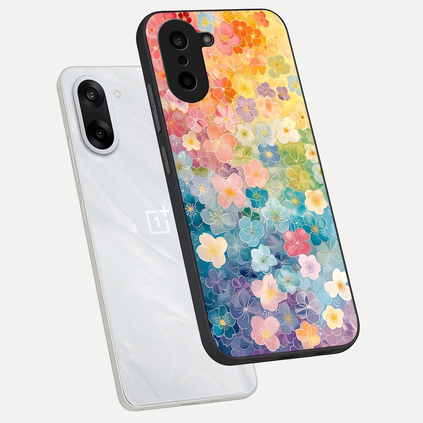 Rainbow Blossom Burst phone case For Oneplus Nord CE5 showing premium glass back cover with detailed artwork