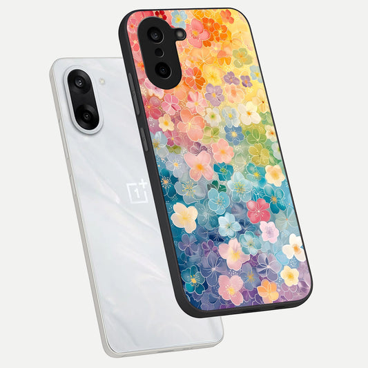  Rainbow Blossom Burst phone case For Oneplus Nord CE5 showing premium glass back cover with detailed artwork