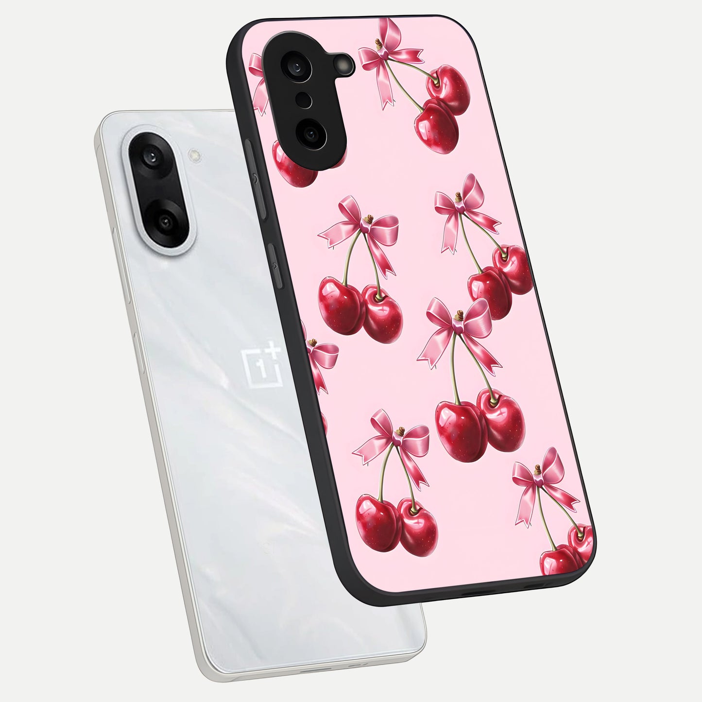  Red Cherries Pattern phone case For Oneplus Nord CE5 showing premium glass back cover with detailed artwork